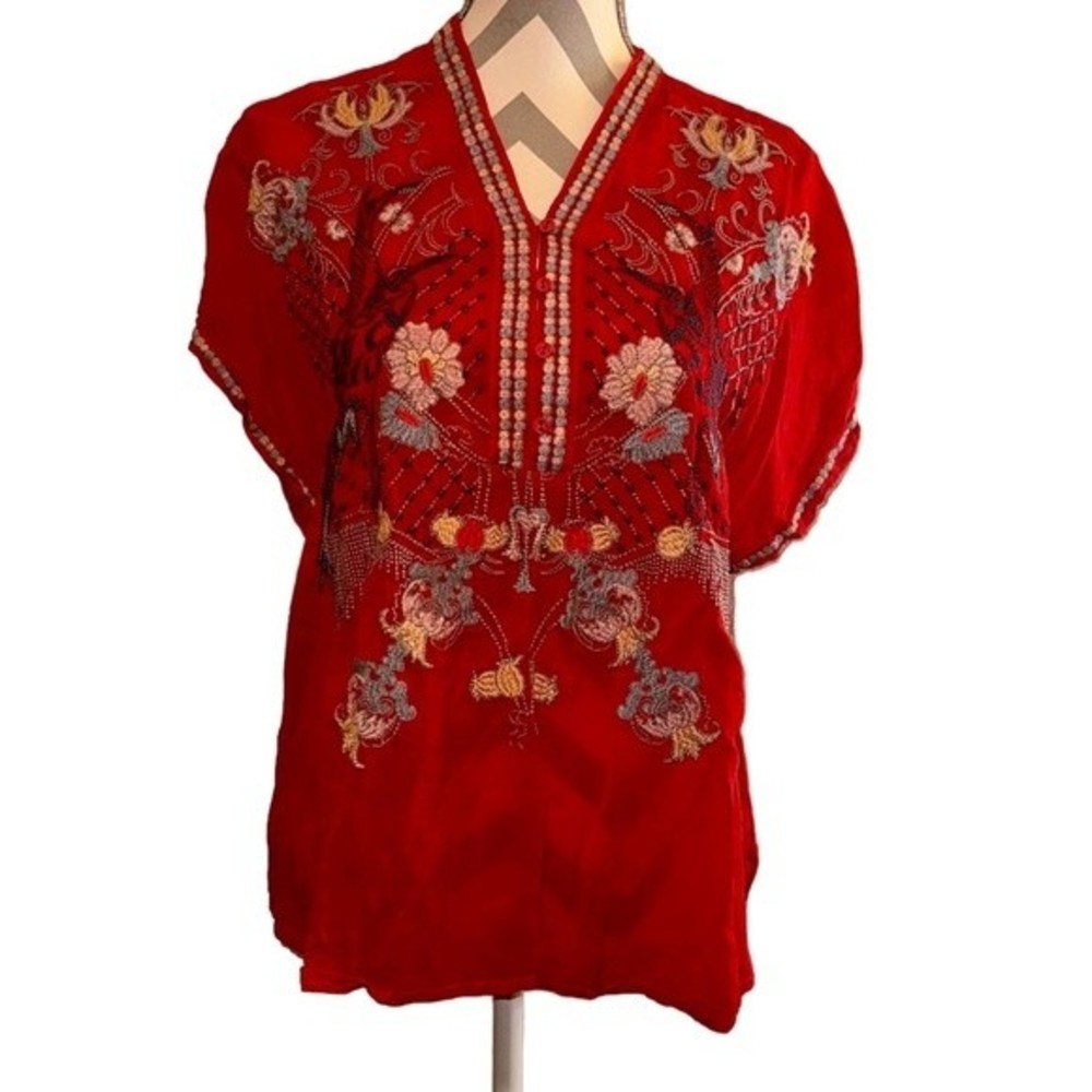 NWT Johnny Was Biya Red Bird Floral Embroidered V Button Short Sleeve Blouse S